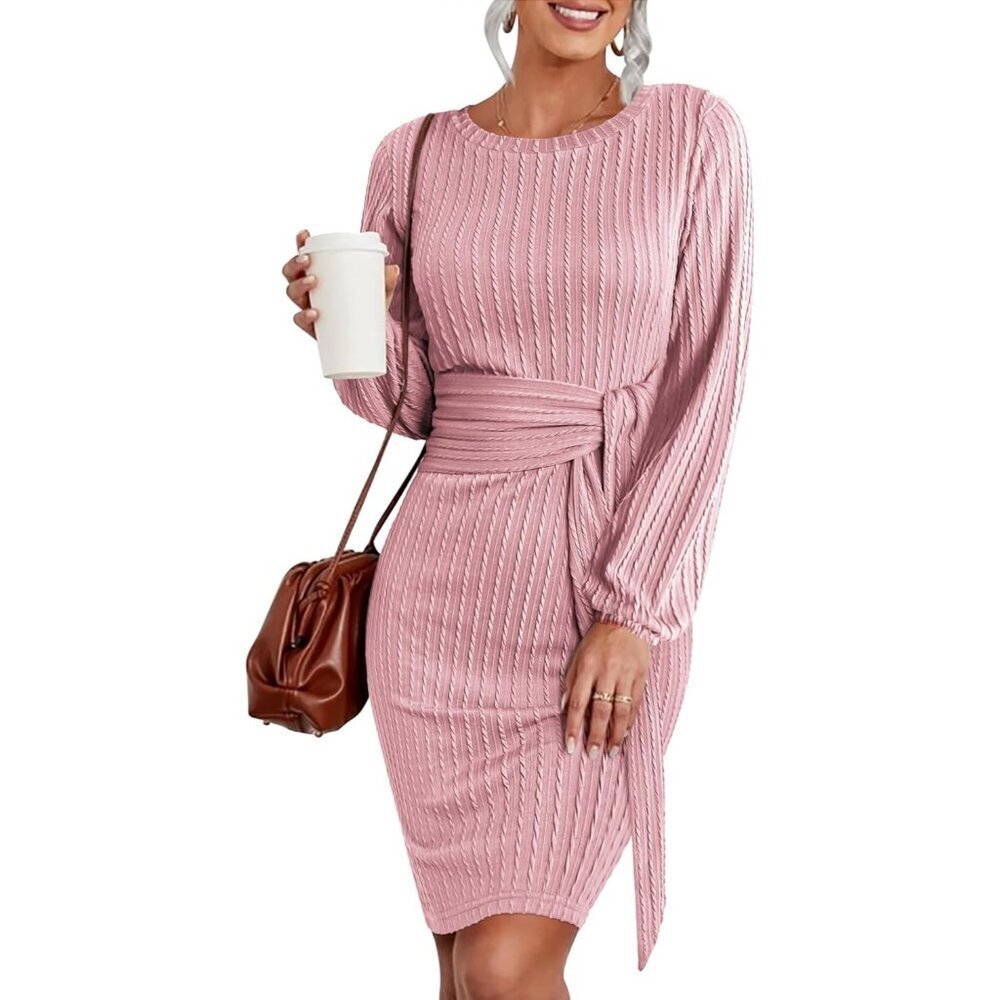 Women's Ribbed Knit Dress Long Lantern Sleeves Tie Waist Crewneck Fall Bodycon